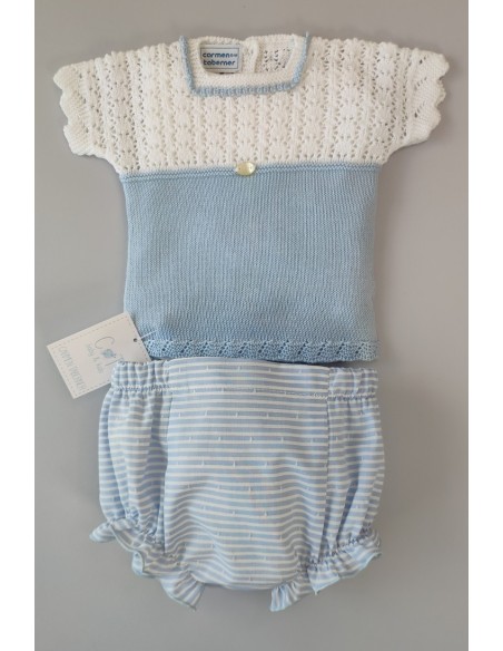CONJUNTO NIÑO JERSEY Y CUBREPAÑAL RAYAS, BLANCO/CELESTE NUDE. VERANO 22.