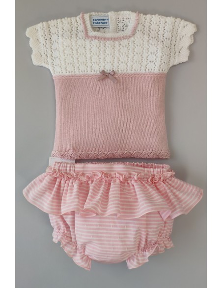 CONJUNTO NIÑA JERSEY Y CUBREPAÑAL RAYAS, BLANCO/ROSA NUDE. VERANO 22.