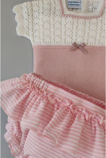 CONJUNTO NIÑA JERSEY Y CUBREPAÑAL RAYAS, BLANCO/ROSA NUDE. VERANO 22. 2