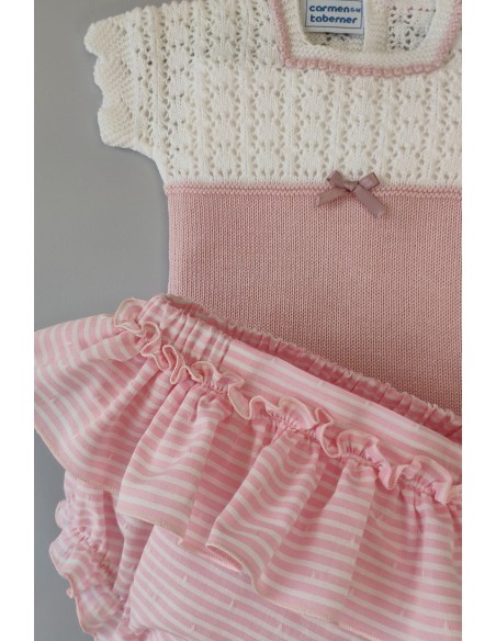 CONJUNTO NIÑA JERSEY Y CUBREPAÑAL RAYAS, BLANCO/ROSA NUDE. VERANO 22.