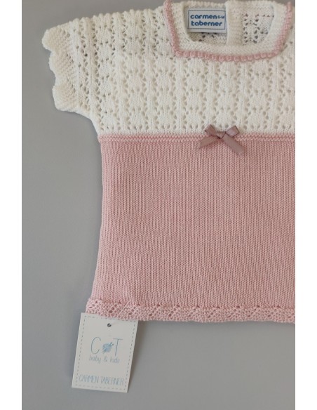 CONJUNTO NIÑA JERSEY Y CUBREPAÑAL RAYAS, BLANCO/ROSA NUDE. VERANO 22.