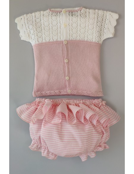 CONJUNTO NIÑA JERSEY Y CUBREPAÑAL RAYAS, BLANCO/ROSA NUDE. VERANO 22.