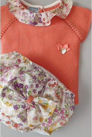 CONJUNTO NIÑA "SWEET OLIVE" DE PANGASA BABY, CORAL. VERANO 22. 2