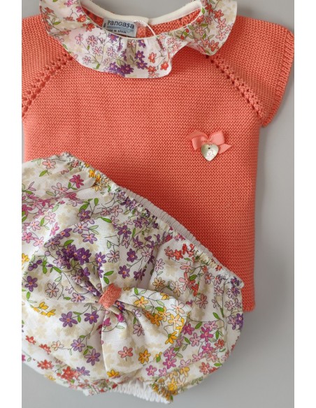CONJUNTO NIÑA "SWEET OLIVE" DE PANGASA BABY, CORAL. VERANO 22.