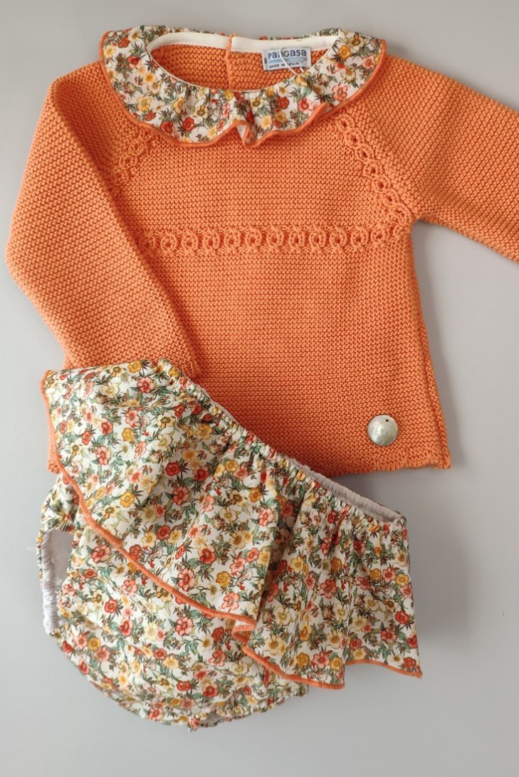 CONJUNTO NIÑA  MANGA LARGA "PARIS" DE PANGASA BABY, NARANJA. VERANO 22.