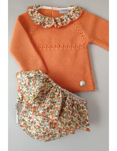 CONJUNTO NIÑA  MANGA LARGA "PARIS" DE PANGASA BABY, NARANJA. VERANO 22.