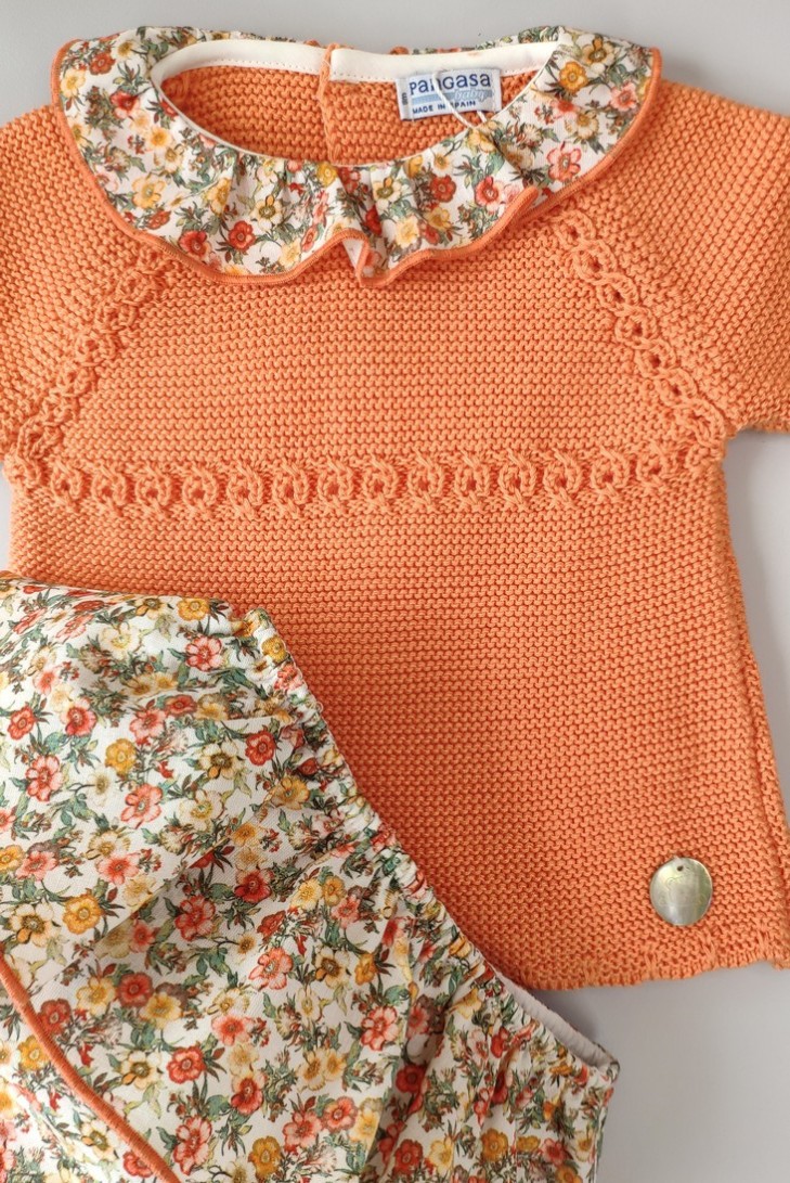 CONJUNTO NIÑA  MANGA LARGA "PARIS" DE PANGASA BABY, NARANJA. VERANO 22.