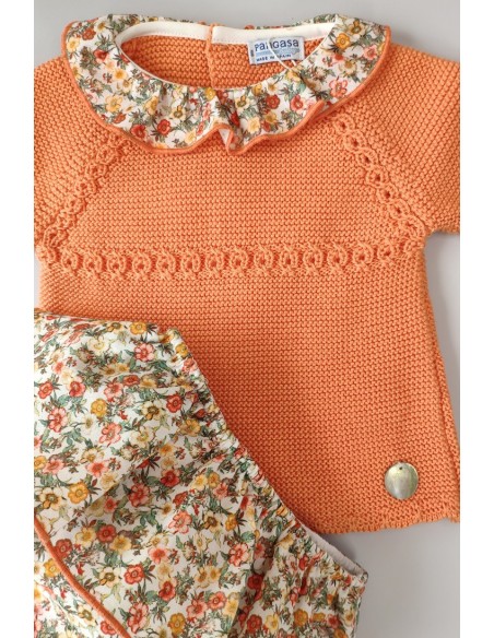 CONJUNTO NIÑA  MANGA LARGA "PARIS" DE PANGASA BABY, NARANJA. VERANO 22.