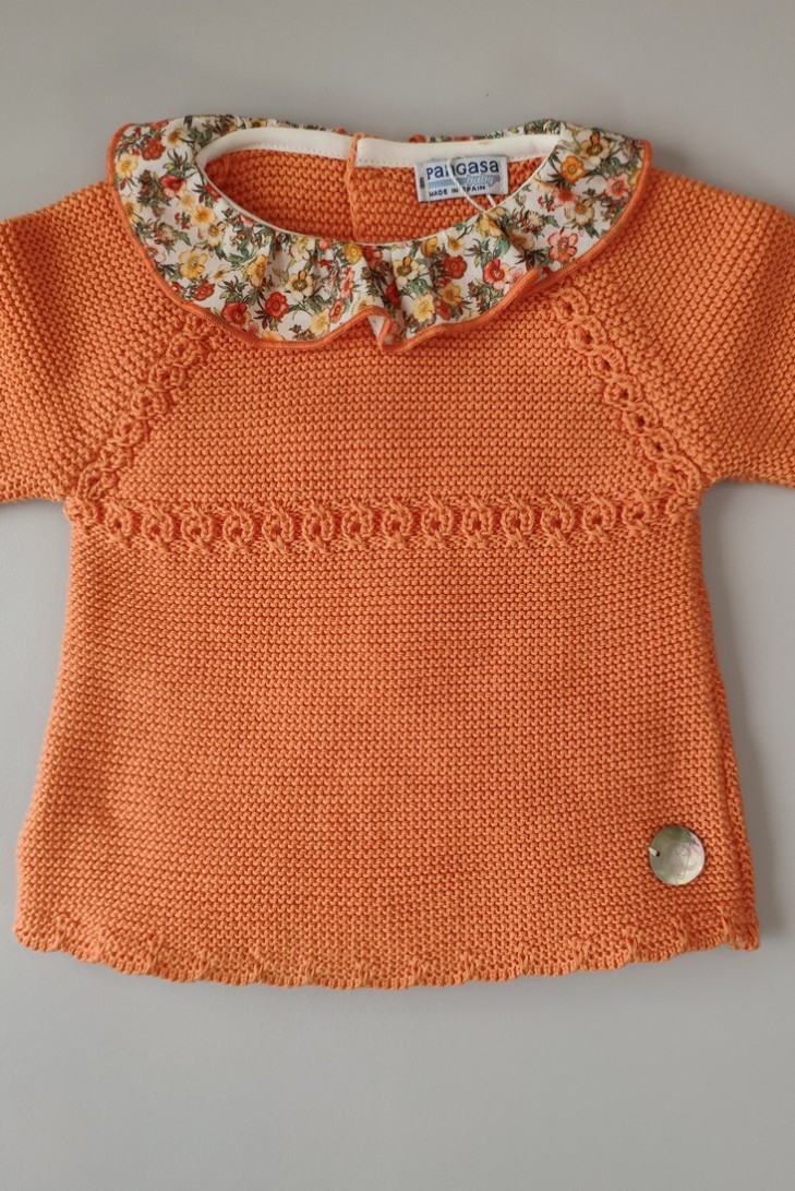 CONJUNTO NIÑA  MANGA LARGA "PARIS" DE PANGASA BABY, NARANJA. VERANO 22.