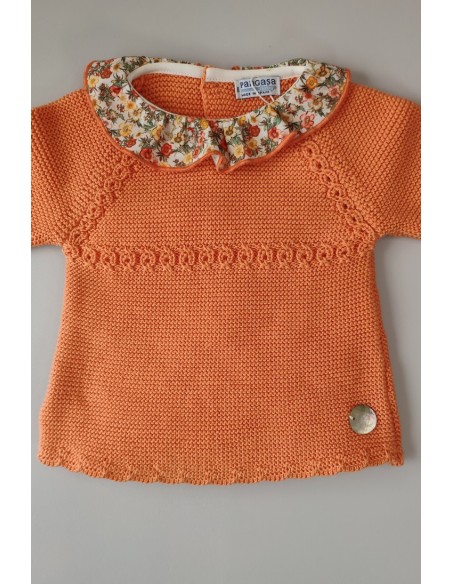 CONJUNTO NIÑA  MANGA LARGA "PARIS" DE PANGASA BABY, NARANJA. VERANO 22.