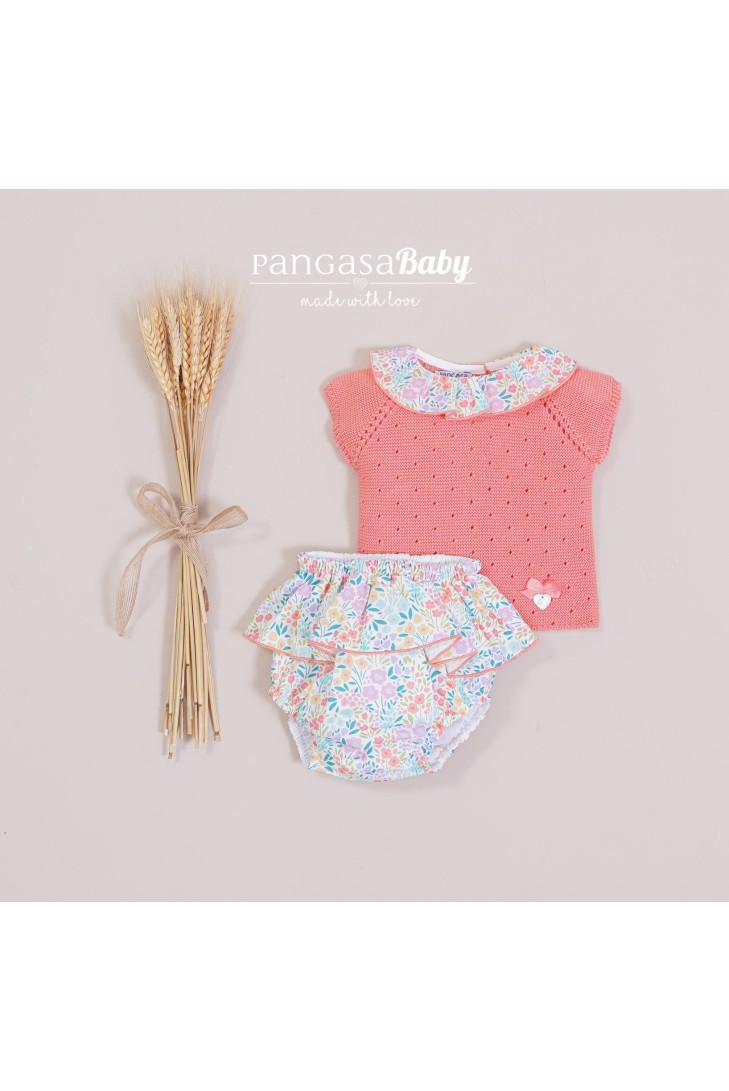 CONJUNTO NIÑA VOLANTE FLORES DE PANGASA BABY, CORAL CALIPSO. VERANO 23.