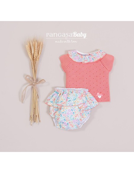 CONJUNTO NIÑA VOLANTE FLORES DE PANGASA BABY, CORAL CALIPSO. VERANO 23.
