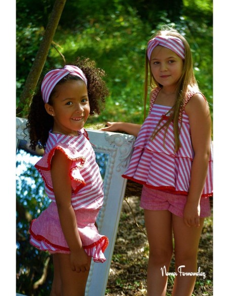 CONJUNTO NIÑA BLUSA Y BOMBACHO COLECCIÓN CAMPANILLA, ROJO/BLANCO.NOMA FERNÁNDEZ. VERANO 23.
