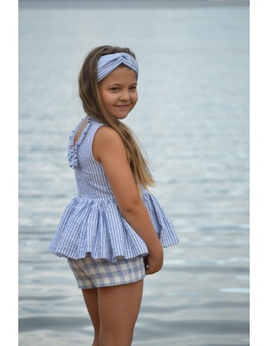 CONJUNTO NIÑA BLUSÓN Y SHORT COLECCIÓN "NAVY", RAYA/VICHY MARINO.NOMA FERNÁNDEZ. VERANO 23.