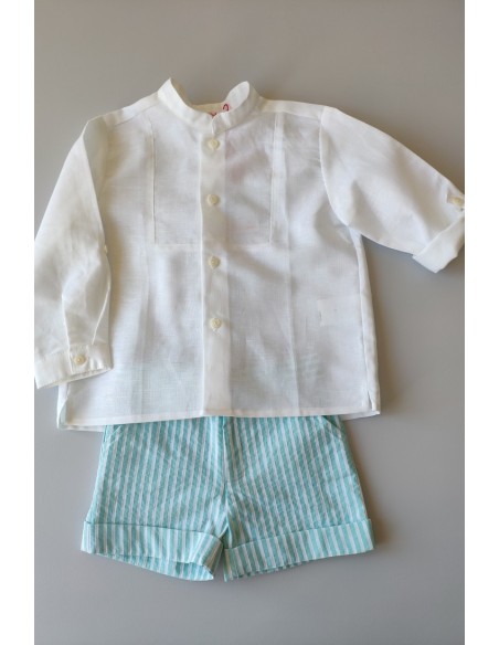 CONJUNTO BEBÉ NIÑO CAMISA Y BERMUDA RAYAS TURQUESA DE VILLALOBOS.
