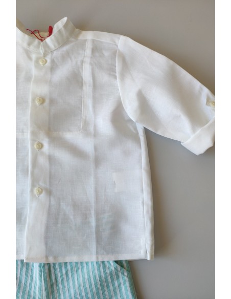 CONJUNTO BEBÉ NIÑO CAMISA Y BERMUDA RAYAS TURQUESA DE VILLALOBOS.