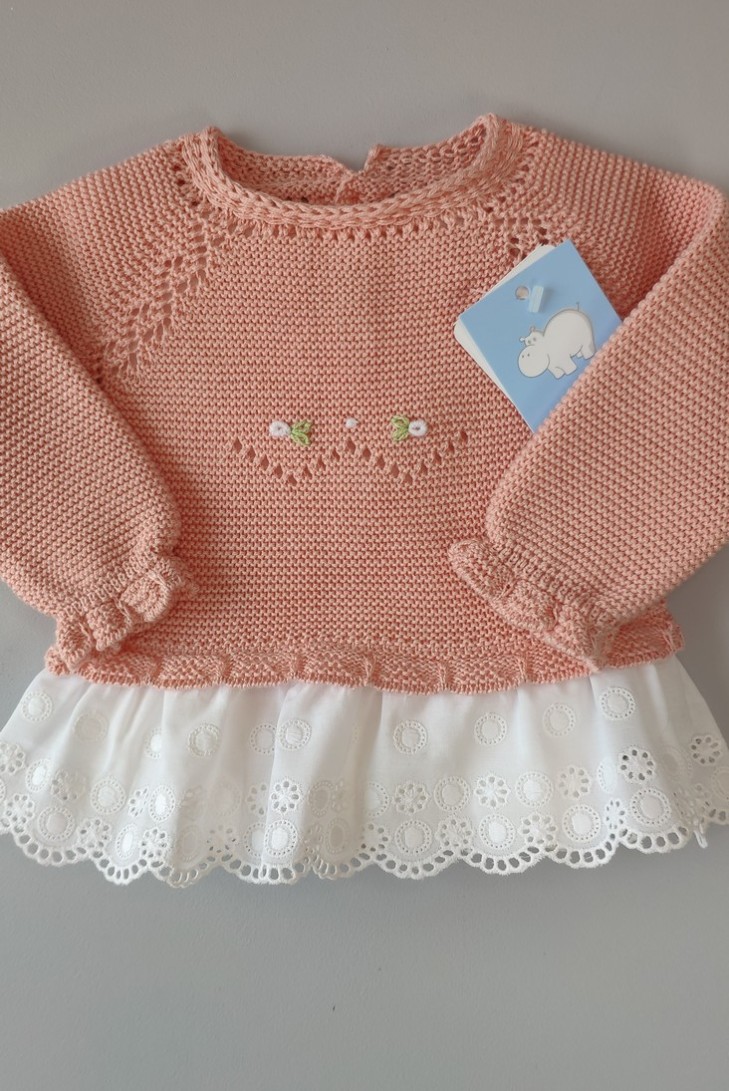 CONJUNTO JUBÓN BORDADO A MANO Y POLAINA "MANZANILLA", PAPAYA.VERANO 23.