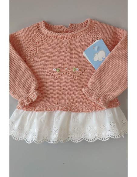 CONJUNTO JUBÓN BORDADO A MANO Y POLAINA "MANZANILLA", PAPAYA.VERANO 23.