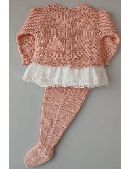 CONJUNTO JUBÓN BORDADO A MANO Y POLAINA "MANZANILLA", PAPAYA.VERANO 23.