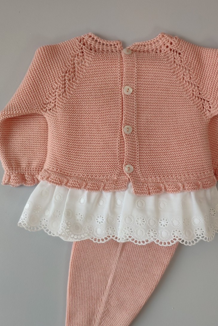 CONJUNTO JUBÓN BORDADO A MANO Y POLAINA "MANZANILLA", PAPAYA.VERANO 23.