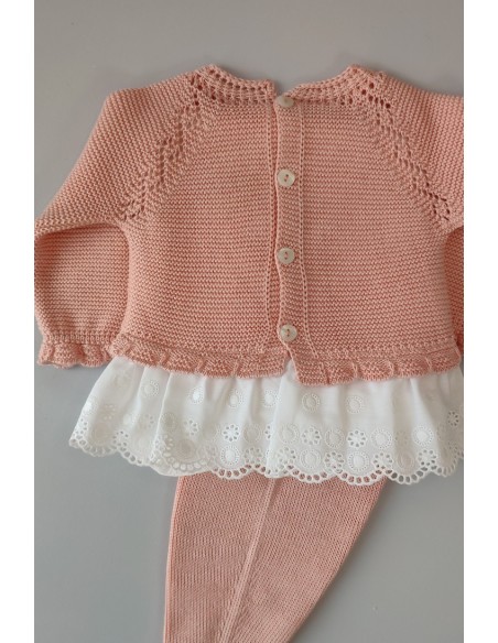 CONJUNTO JUBÓN BORDADO A MANO Y POLAINA "MANZANILLA", PAPAYA.VERANO 23.