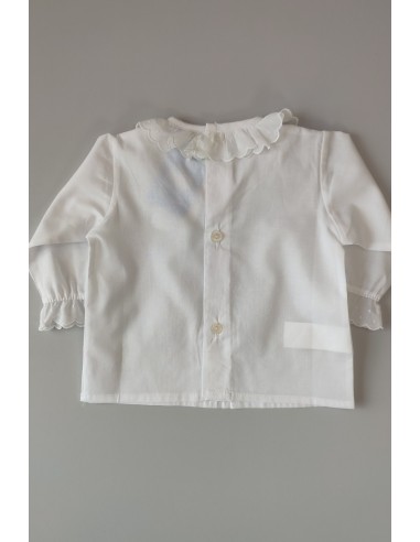 BLUSA MANGA LARGA CON CUELLO BORDADO TOPOS ,BLANCA. VERANO 23