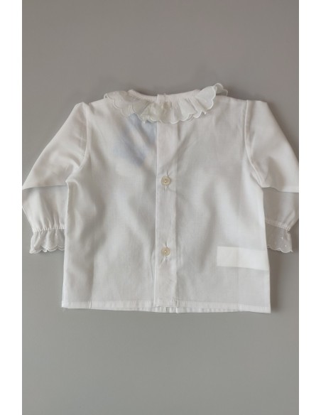 BLUSA MANGA LARGA CON CUELLO BORDADO TOPOS ,BLANCA. VERANO 23