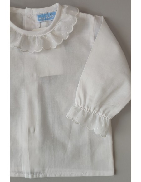 BLUSA MANGA LARGA CON CUELLO BORDADO TOPOS ,BLANCA. VERANO 23