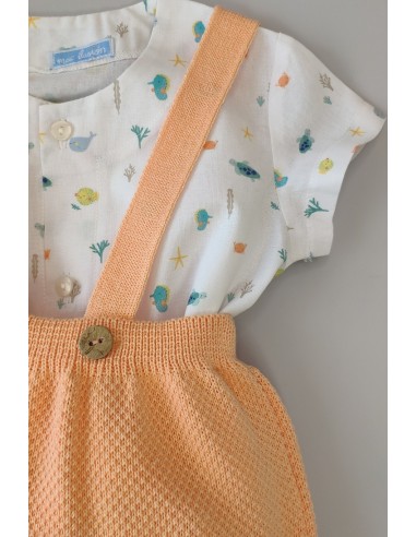 PETO TIRANTES NIÑO Y BLUSITA ESTAMPADA "AZUCENA", MANDARINA. VERANO 23.