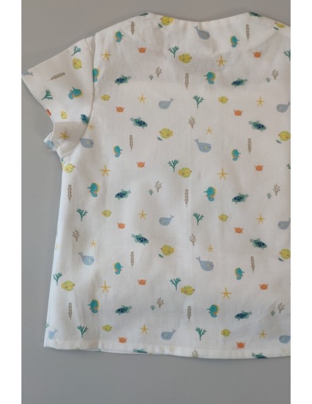 PETO TIRANTES NIÑO Y BLUSITA ESTAMPADA "AZUCENA", MANDARINA. VERANO 23.