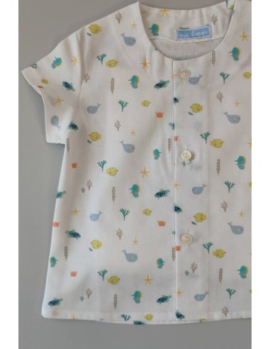 PETO TIRANTES NIÑO Y BLUSITA ESTAMPADA "AZUCENA", MANDARINA. VERANO 23.