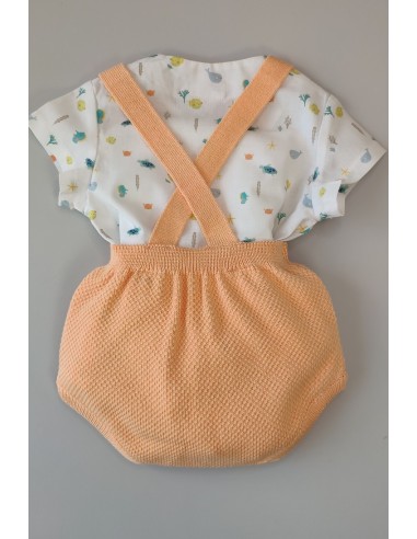 PETO TIRANTES NIÑO Y BLUSITA ESTAMPADA "AZUCENA", MANDARINA. VERANO 23.