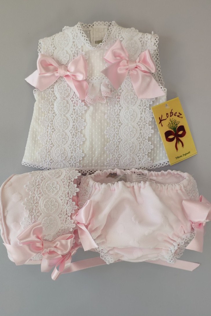 CONJUNTO NIÑA 3 PIEZAS, BLANCO/ROSA BEBÉ. VERANO.