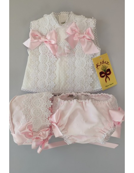 CONJUNTO NIÑA 3 PIEZAS, BLANCO/ROSA BEBÉ. VERANO.