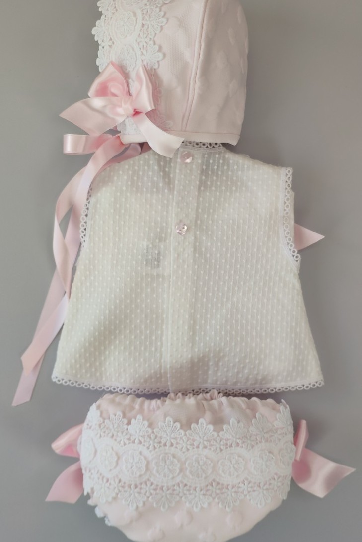 CONJUNTO NIÑA 3 PIEZAS, BLANCO/ROSA BEBÉ. VERANO.