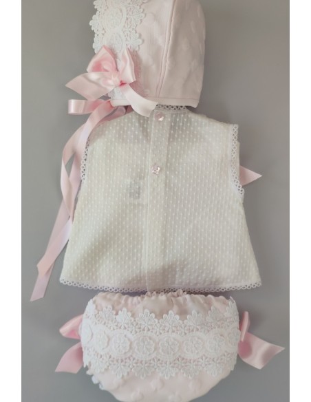 CONJUNTO NIÑA 3 PIEZAS, BLANCO/ROSA BEBÉ. VERANO.