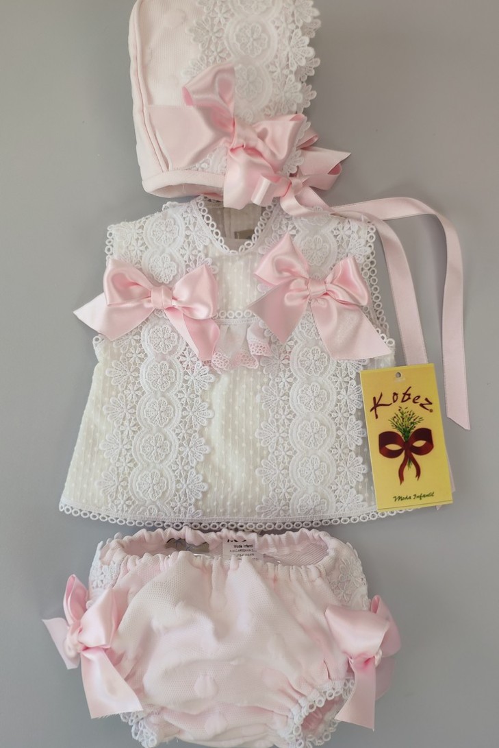 CONJUNTO NIÑA 3 PIEZAS, BLANCO/ROSA BEBÉ. VERANO.
