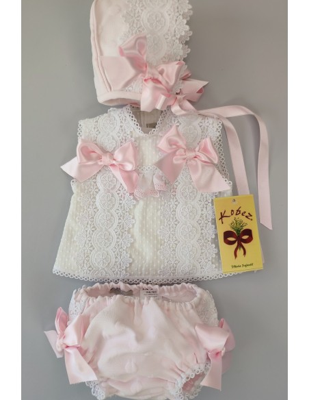 CONJUNTO NIÑA 3 PIEZAS, BLANCO/ROSA BEBÉ. VERANO.