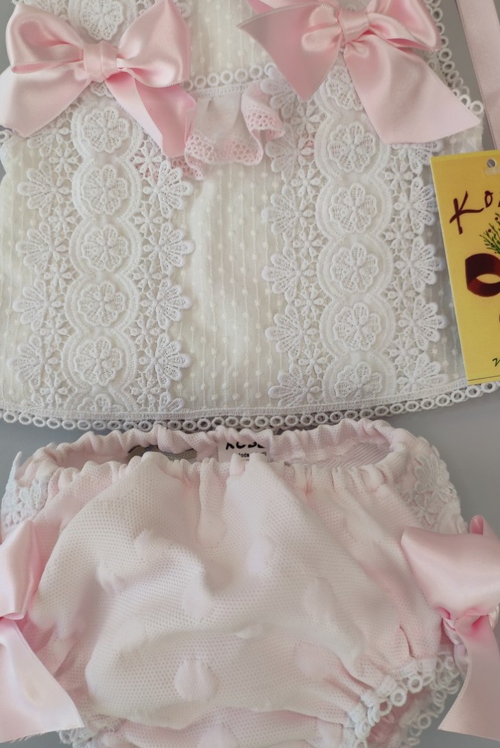 CONJUNTO NIÑA 3 PIEZAS, BLANCO/ROSA BEBÉ. VERANO.