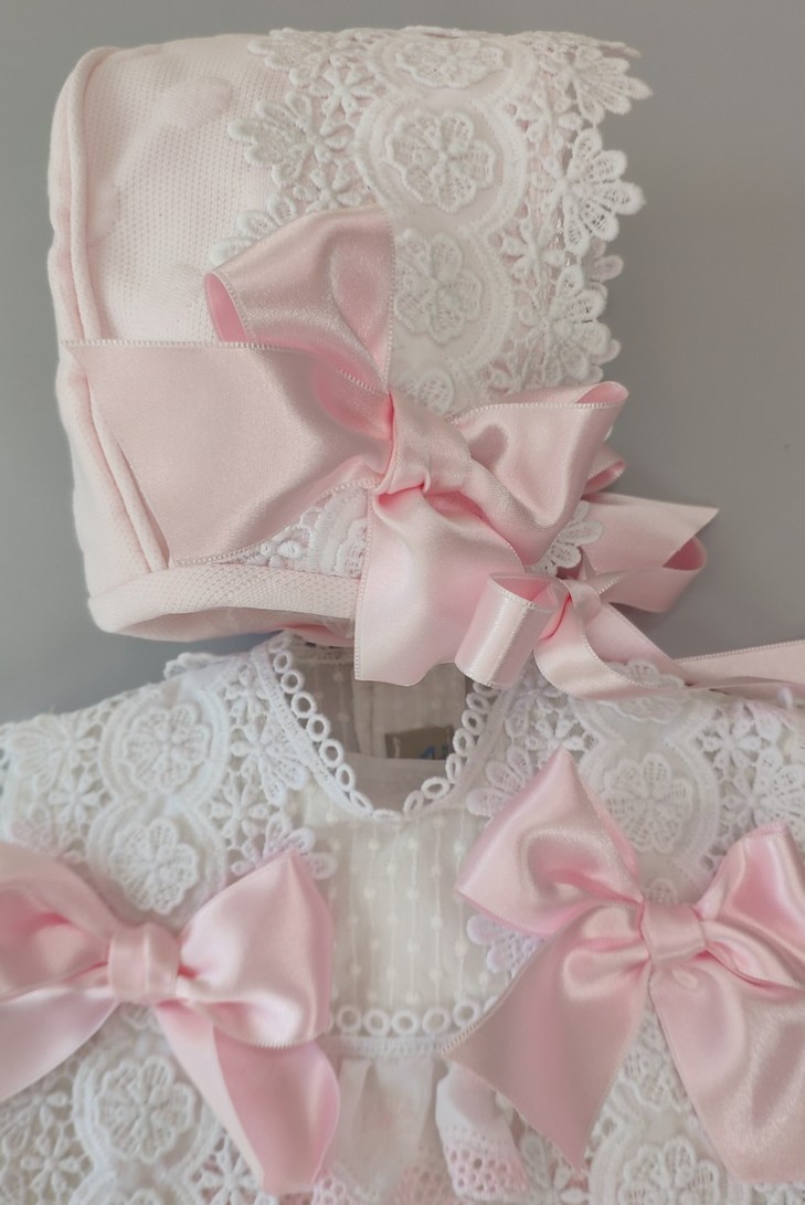 CONJUNTO NIÑA 3 PIEZAS, BLANCO/ROSA BEBÉ. VERANO.