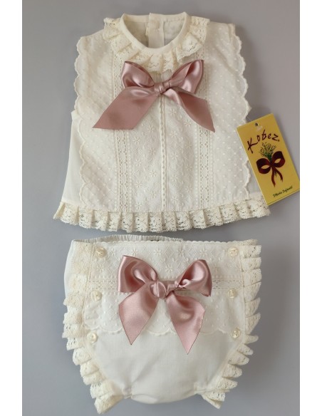 CONJUNTO NIÑA BATISTA 2 PIEZAS, CRUDO/ROSA EMPOLVADO.VERANO.