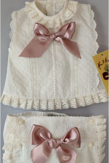 CONJUNTO NIÑA BATISTA 2 PIEZAS, CRUDO/ROSA EMPOLVADO.VERANO. 2