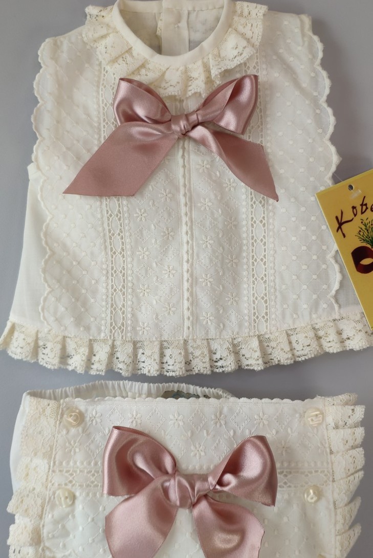 CONJUNTO NIÑA BATISTA 2 PIEZAS, CRUDO/ROSA EMPOLVADO.VERANO.