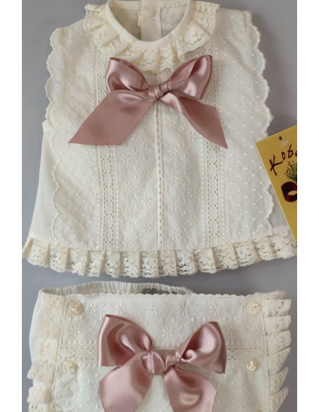 CONJUNTO NIÑA BATISTA 2 PIEZAS, CRUDO/ROSA EMPOLVADO.VERANO.