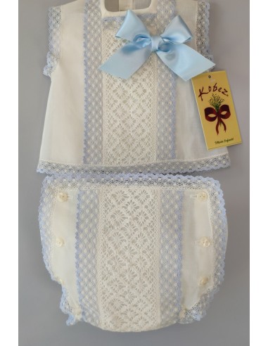 CONJUNTO UNISEX BATISTA 2 PIEZAS, CRUDO/CELESTE. VERANO.