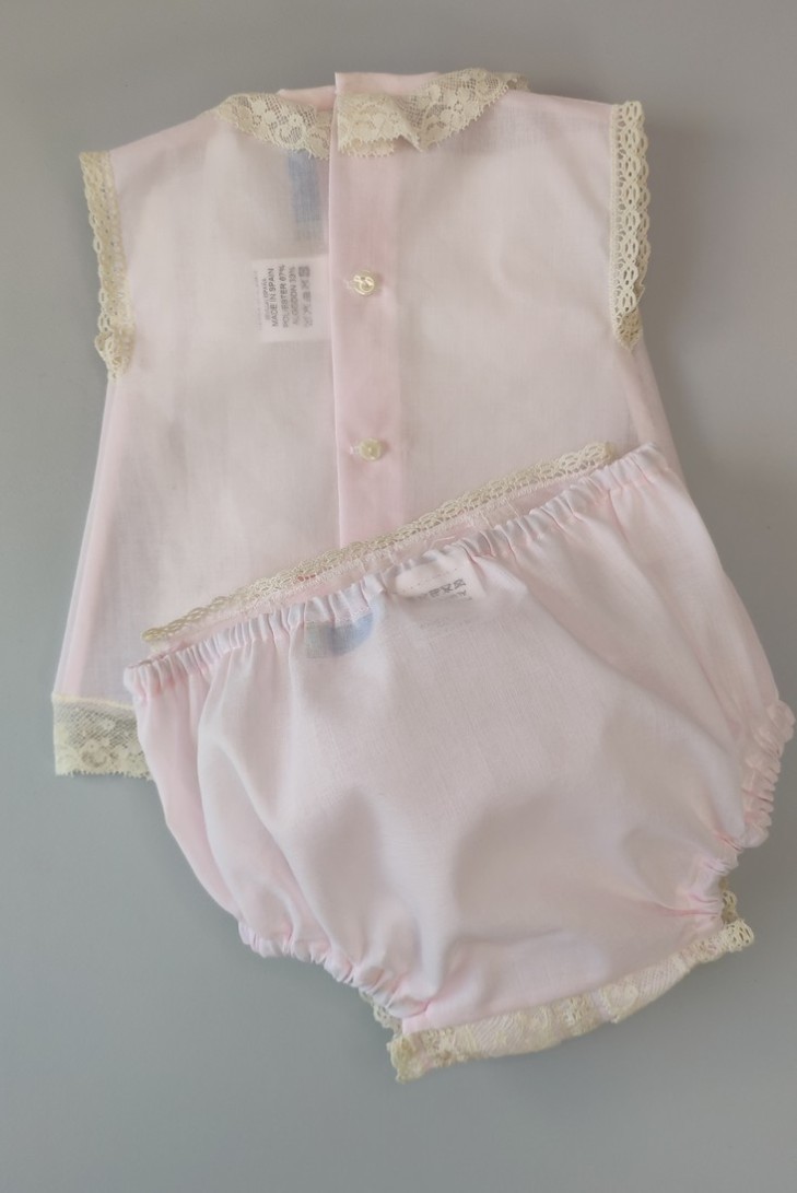 CONJUNTO UNISEX BATISTA 2 PIEZAS, ROSA BEBÉ/CRUDO. VERANO.