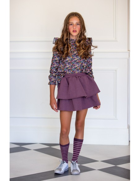 FALDA DOS VOLANTES BERENJENA, C. LIBERTY PARIS. KIDS CHOCOLATE.INVIERNO 23.